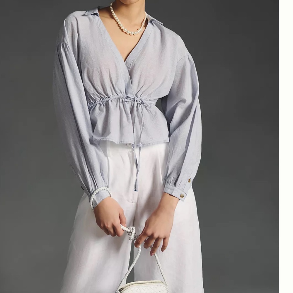 Anthropologie Pilcro Babydoll Wrap Top in Blue Motif Sz Medium- EUC